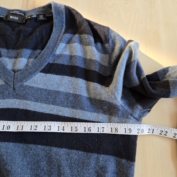 BOSS Lambswoool Striped V-Neck Sweater - Black, Gray, and Blue - Picture 10 of 15